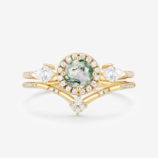 Round Shaped Moss Agate Halo Engagement Ring Sets 2pcs