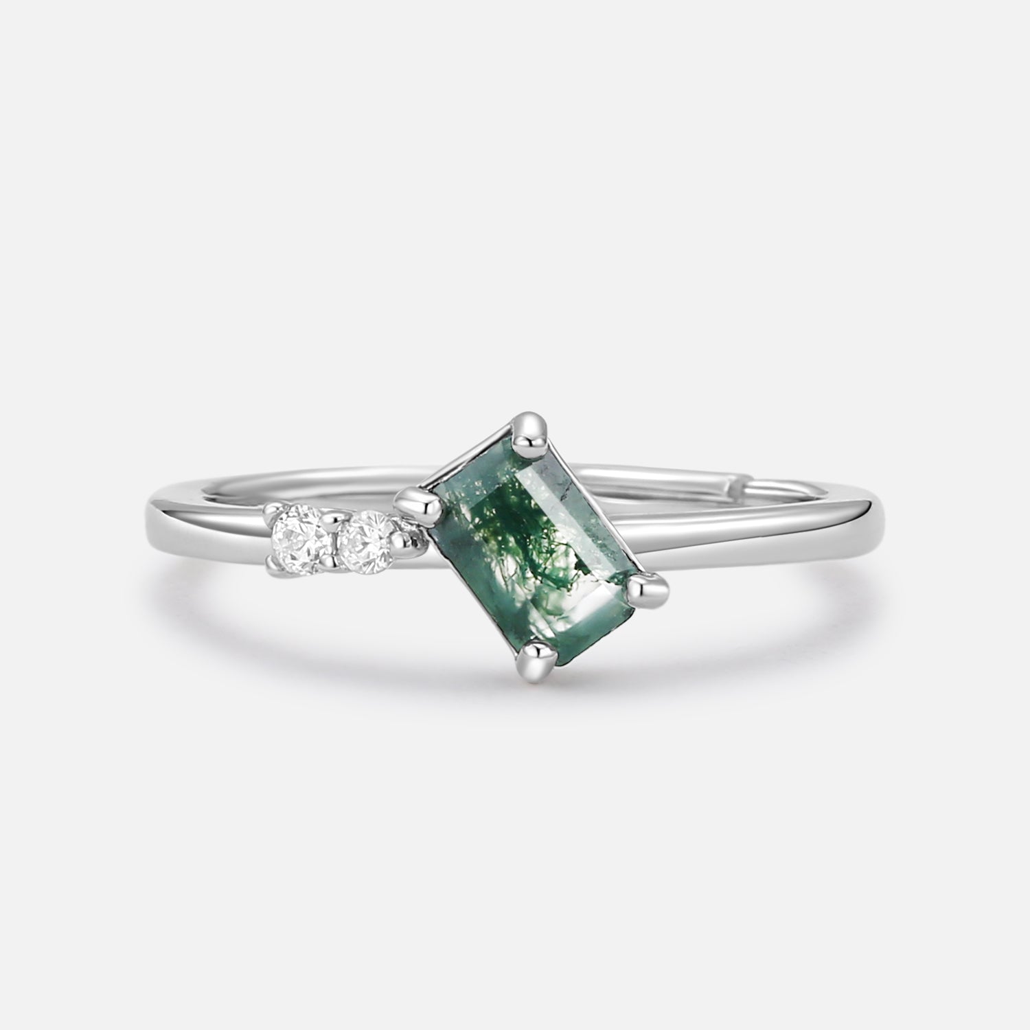 Minimalist Emerald Cut Moss Agate & Moissanite Engagement Ring