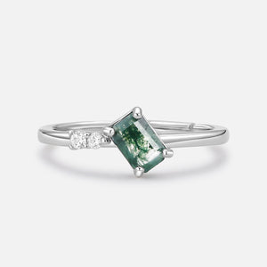 Minimalist Emerald Cut Moss Agate & Moissanite Engagement Ring