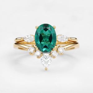 Vintage Lab-Grown Emerald Oval Cut Hidden Halo Ring Set 2pcs