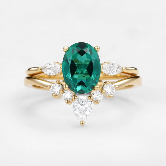 Vintage Lab-Grown Emerald Oval Cut Hidden Halo Ring Set 2pcs