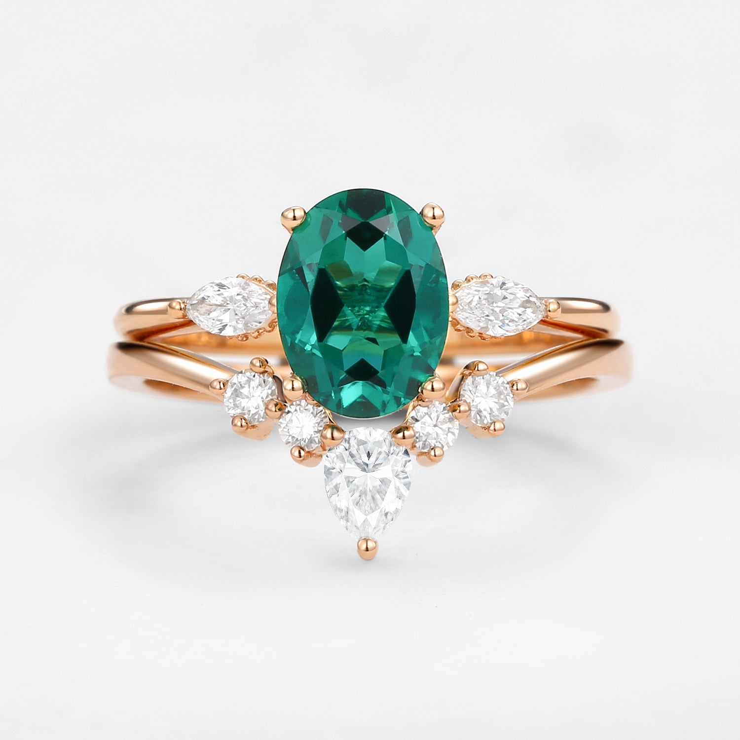 Vintage Lab-Grown Emerald Oval Cut Hidden Halo Ring Set 2pcs