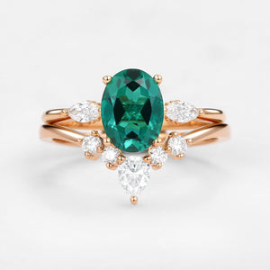 Vintage Lab-Grown Emerald Oval Cut Hidden Halo Ring Set 2pcs