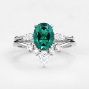 Vintage Lab-Grown Emerald Oval Cut Hidden Halo Ring Set 2pcs