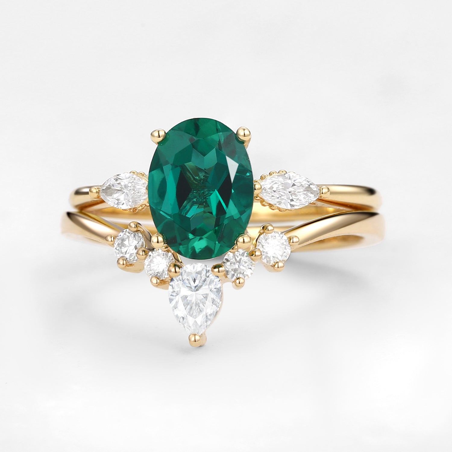 Vintage Lab-Grown Emerald Oval Cut Hidden Halo Ring Set 2pcs