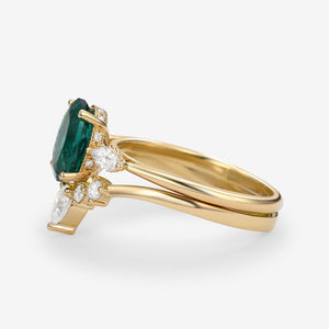 Vintage Lab-Grown Emerald Oval Cut Hidden Halo Ring Set 2pcs