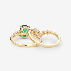 Vintage Lab-Grown Emerald Oval Cut Hidden Halo Ring Set 2pcs