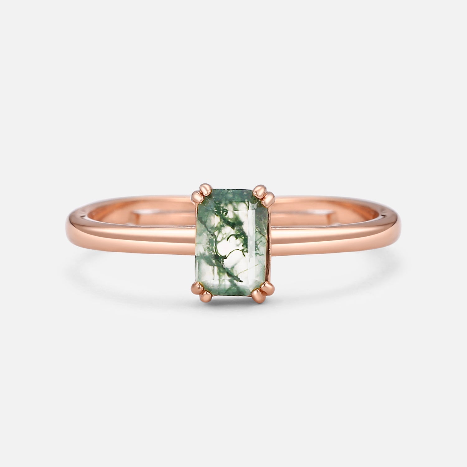 Emerald Cut Moss Agate Solitaire Engagement Ring