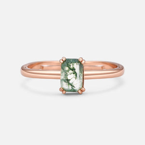 Emerald Cut Moss Agate Solitaire Engagement Ring