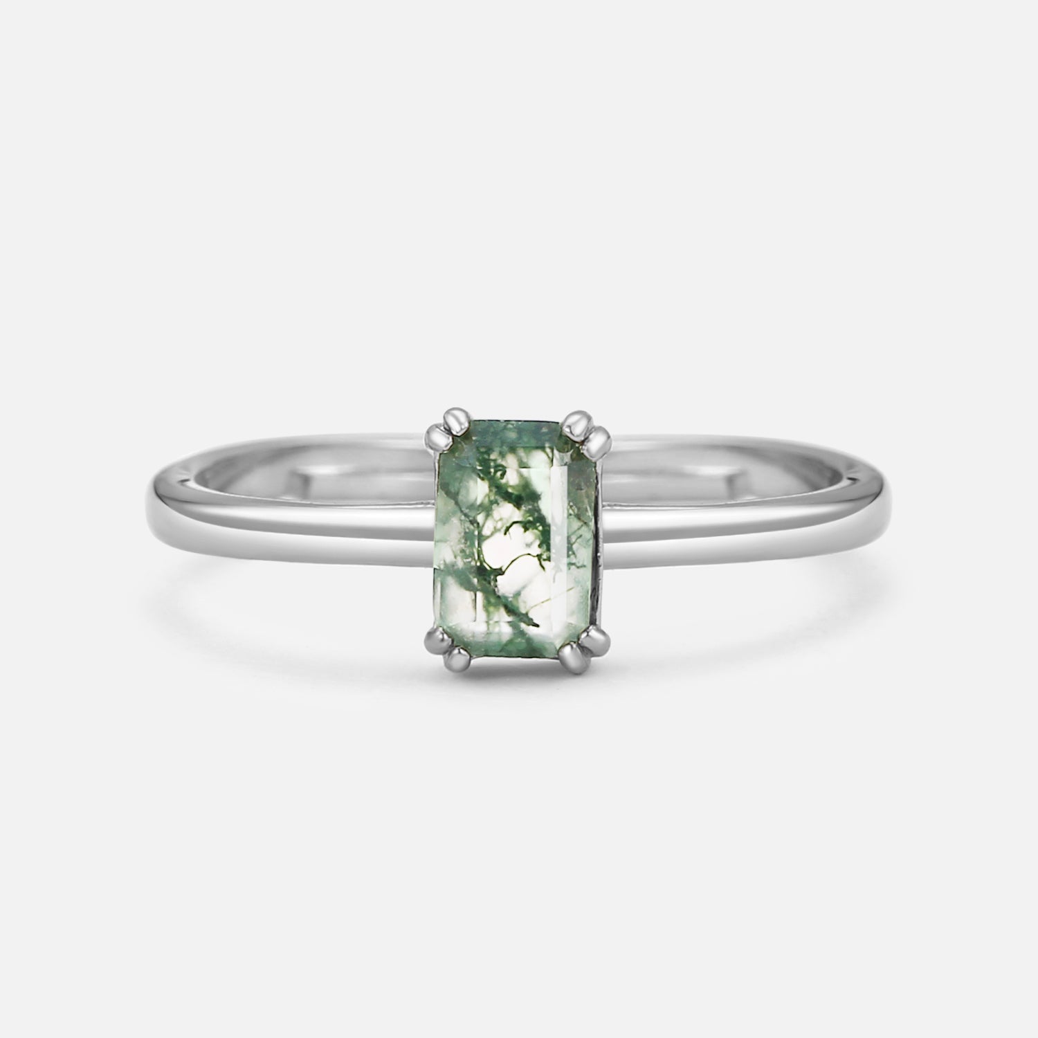 Emerald Cut Moss Agate Solitaire Engagement Ring
