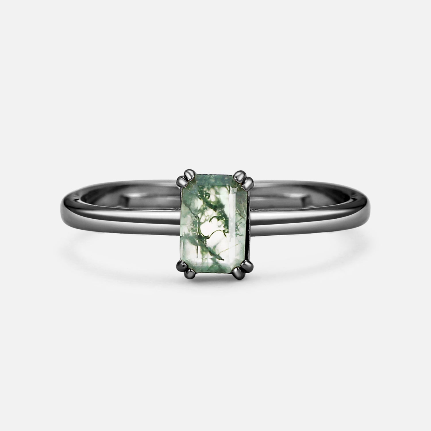 Emerald Cut Moss Agate Solitaire Engagement Ring