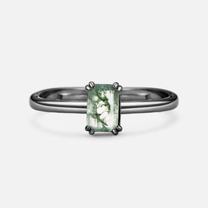 Emerald Cut Moss Agate Solitaire Engagement Ring