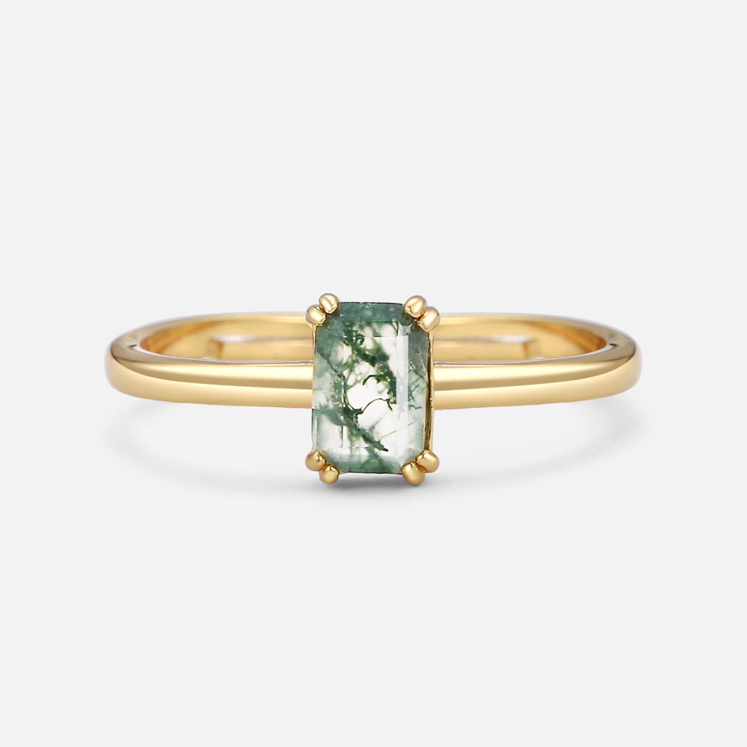 Emerald Cut Moss Agate Solitaire Engagement Ring