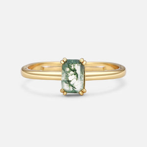 Emerald Cut Moss Agate Solitaire Engagement Ring