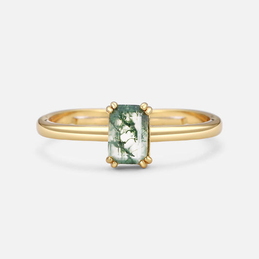 Emerald Cut Moss Agate Solitaire Engagement Ring
