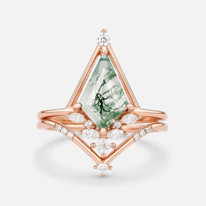 Unique Kite Cut Moss Agate & Moissanite Engagement Ring Set 2pcs - Rime