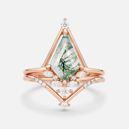 Unique Kite Cut Moss Agate & Moissanite Engagement Ring Set 2pcs - Rime
