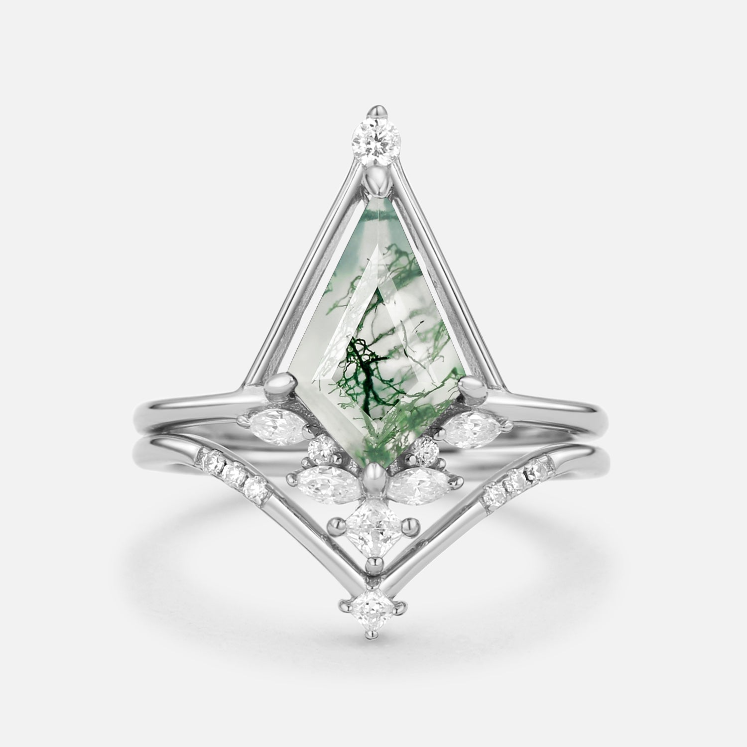 Unique Kite Cut Moss Agate & Moissanite Engagement Ring Set 2pcs - Rime