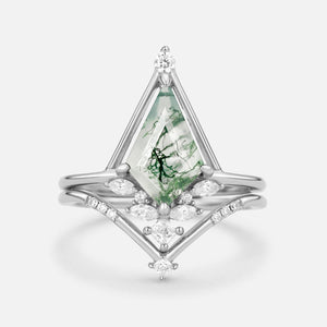 Unique Kite Cut Moss Agate & Moissanite Engagement Ring Set 2pcs - Rime