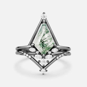 Unique Kite Cut Moss Agate & Moissanite Engagement Ring Set 2pcs - Rime