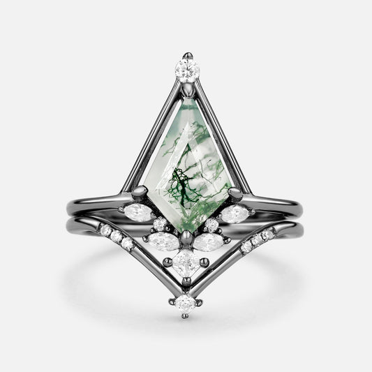 Rime Unique Kite Cut Moss Agate & Moissanite Engagement Ring Set 2pcs