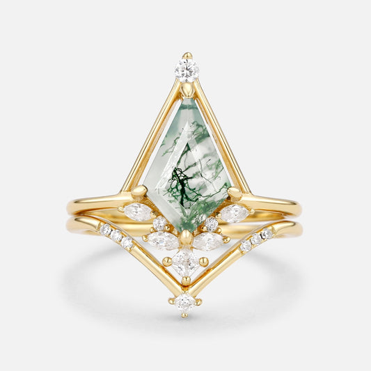 Unique Kite Cut Moss Agate & Moissanite Engagement Ring Set 2pcs - Rime