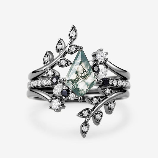 Leafy Kite Cut Moss Agate & Black Moissanite Engagement Ring Set 3pcs