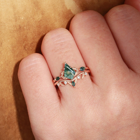 Unique Moss Agate Kite Cut Leaf Ring Set 2pcs