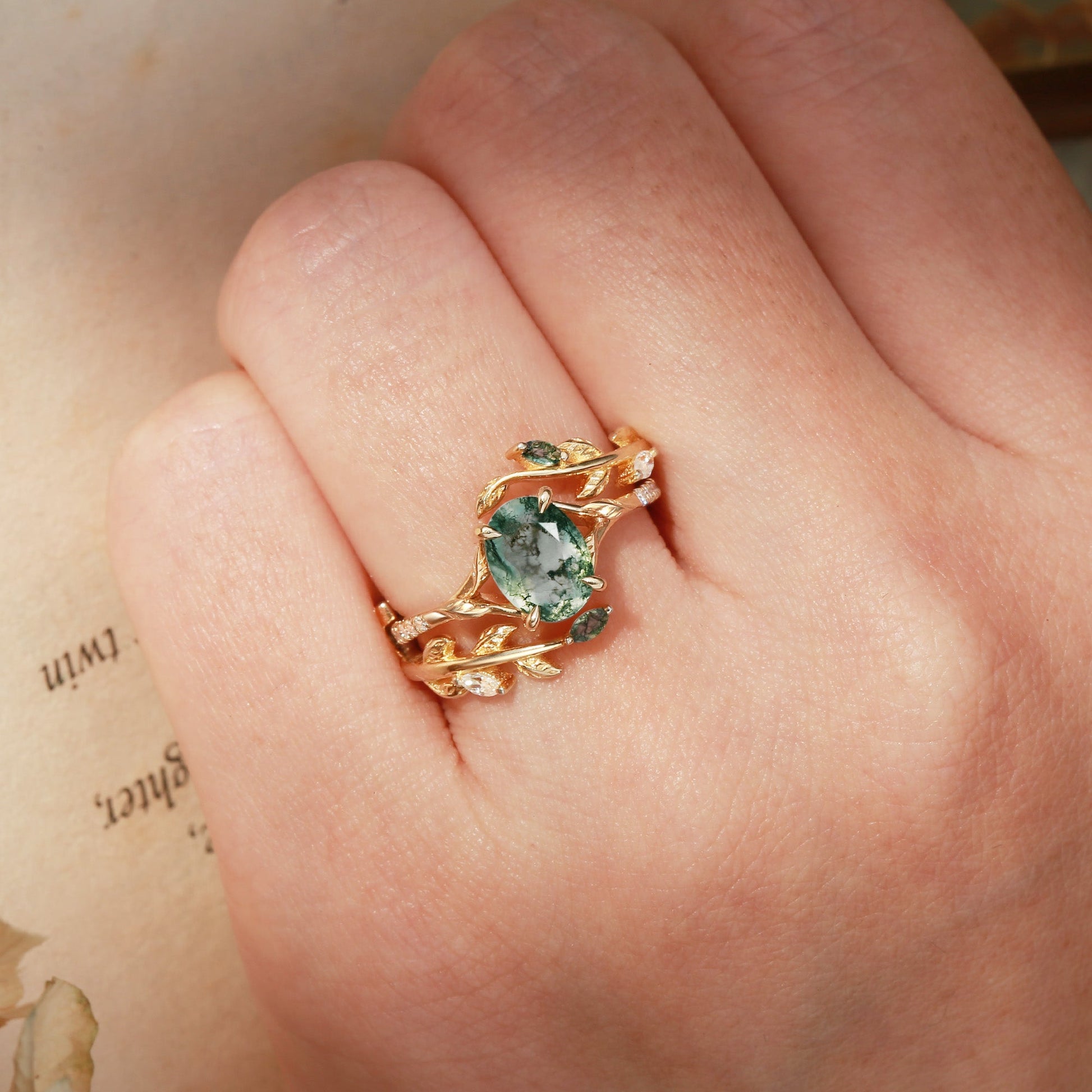 Moss Agate Leafy Split Band Engagement Ring Set 2pcs