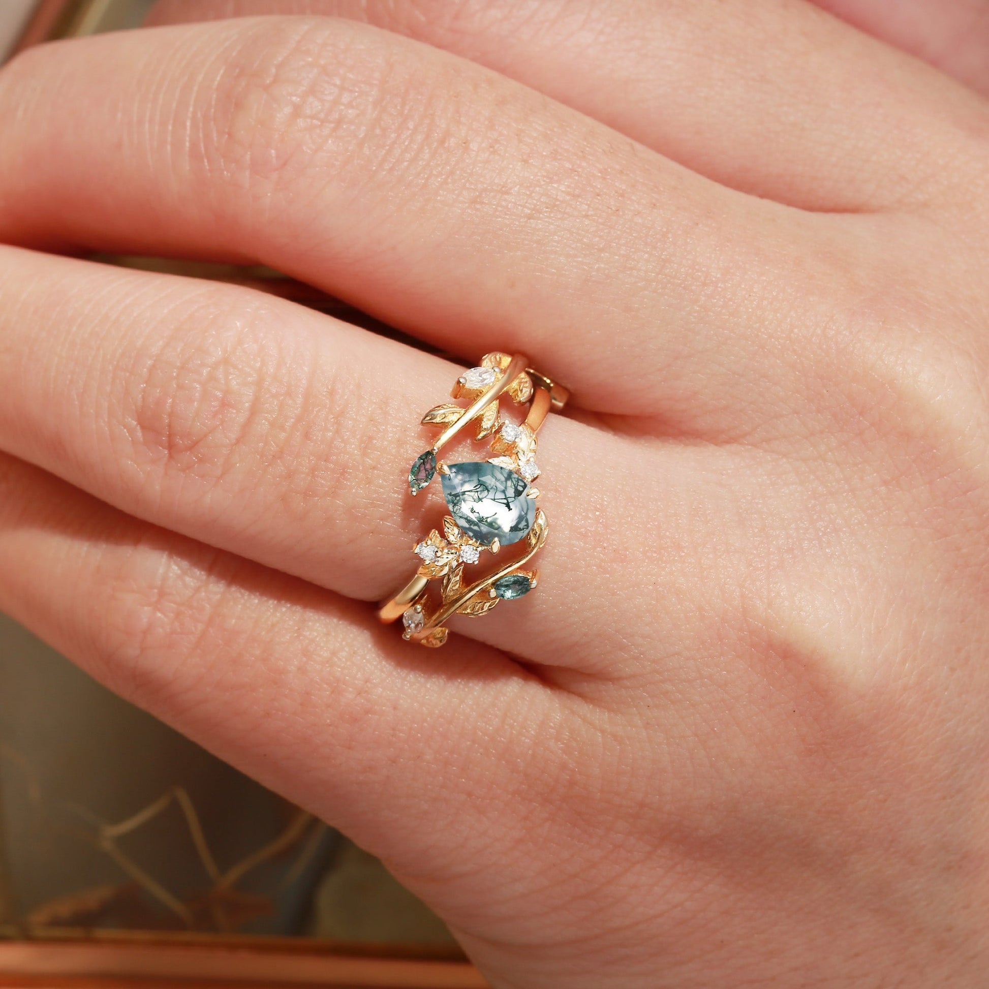 Dawn Pear Cut Moss Agate Leafy Engagement Ring Set 2pcs
