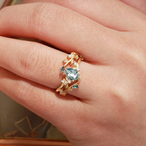 Dawn Pear Cut Moss Agate Leafy Engagement Ring Set 2pcs