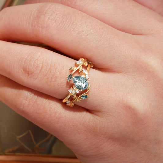 Dawn Pear Cut Moss Agate Leafy Engagement Ring Set 2pcs
