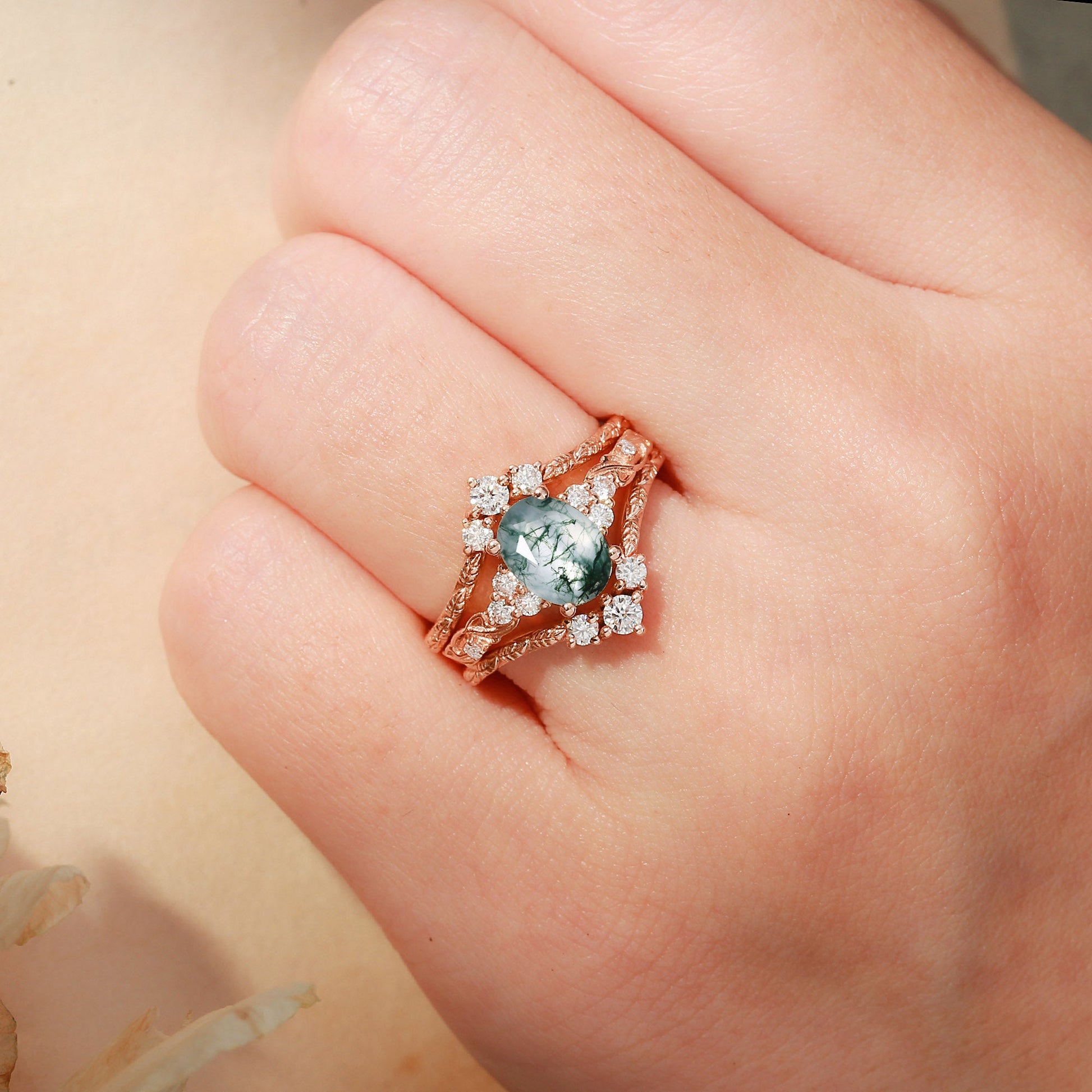 Hazel Blingflare Oval Moss Agate Filigree Ring Bridal Set 2pcs