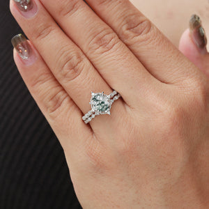 Nature Inspired Oval Cut Moss Agate Cluster Leafy Engagement Ring Set 2pcs