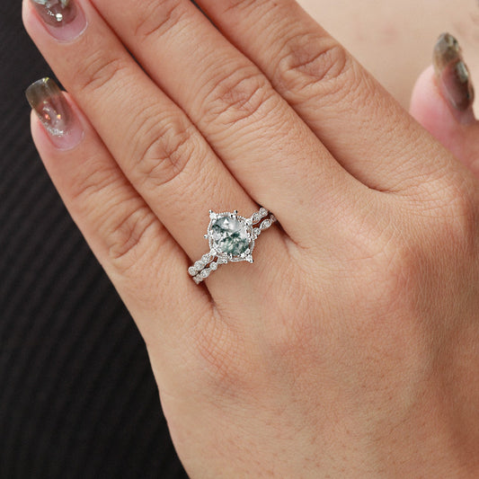 Nature Inspired Oval Cut Moss Agate Cluster Leafy Engagement Ring Set 2pcs