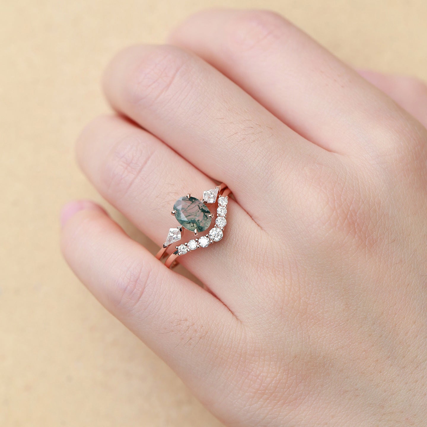 Oval Moss Agate Three Stone Twinning Kites Engagement Ring Set 2pcs