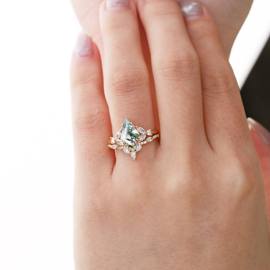 Black Gold Moss Agate Cluster Engagement Ring Set 2pcs