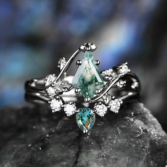 Black Gold Moss Agate & Teal Sapphire Leafy Ring Sets 2pcs - Willow