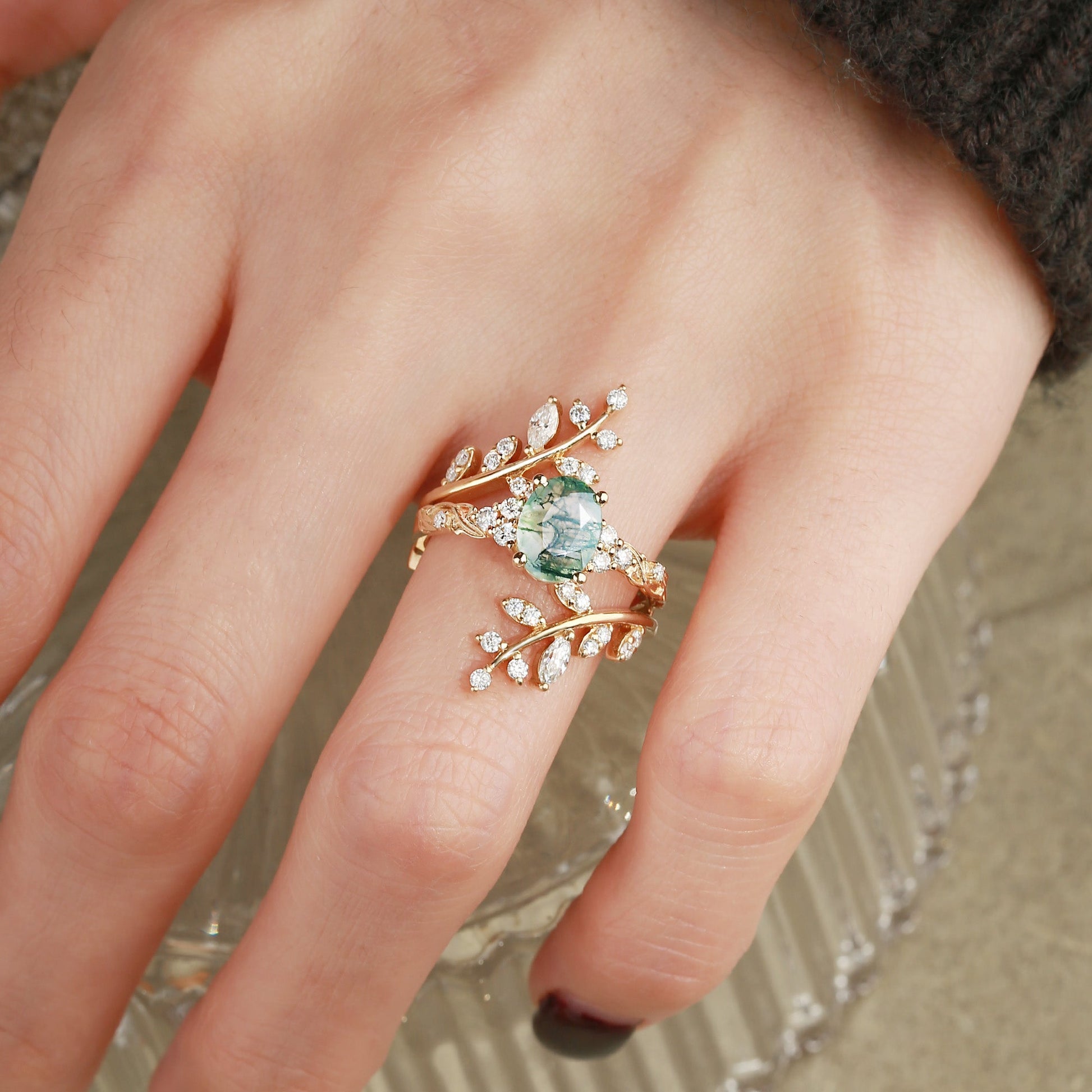 Oval Cut Moss Agate Cluster Leafy Engagement Ring Set