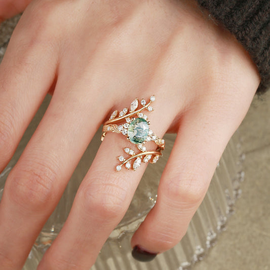 Oval Cut Moss Agate Cluster Leafy Engagement Ring Set
