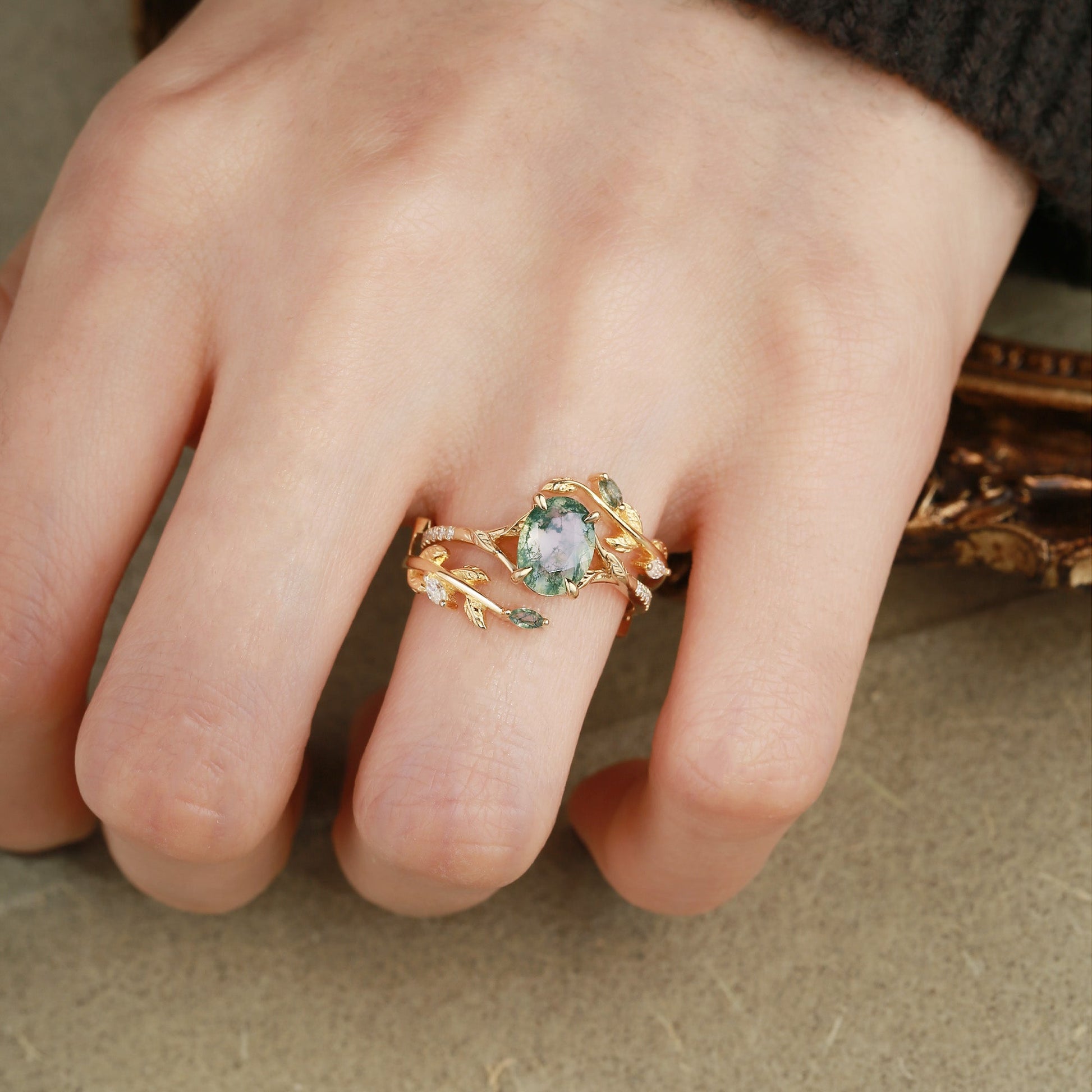 Moss Agate Leafy Split Band Engagement Ring Set 2pcs