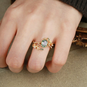 Moss Agate Leafy Split Band Engagement Ring Set 2pcs