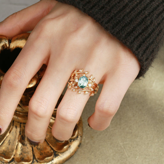 Léonie Oval Cut Moss Agate Leafy Enhancer Ring Set 2pcs