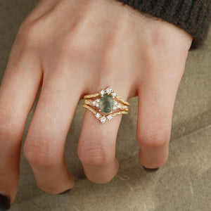 Hazel Blingflare Oval Moss Agate Filigree Ring Bridal Set 2pcs