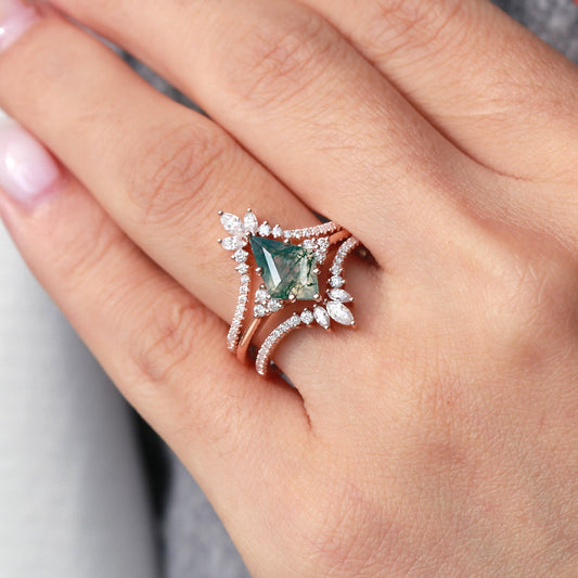 Unique Women Kite Cut Moss Agate Engagement Ring Set 3pcs