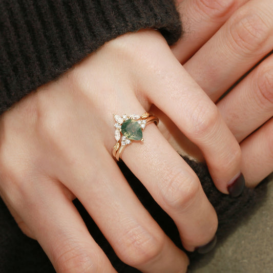 Clarissa Unique Moss Agate Engagement Ring Set 2pcs
