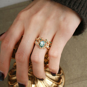 Oval Cut Moss Agate Branch Leafy Engagement Ring Set 2pcs
