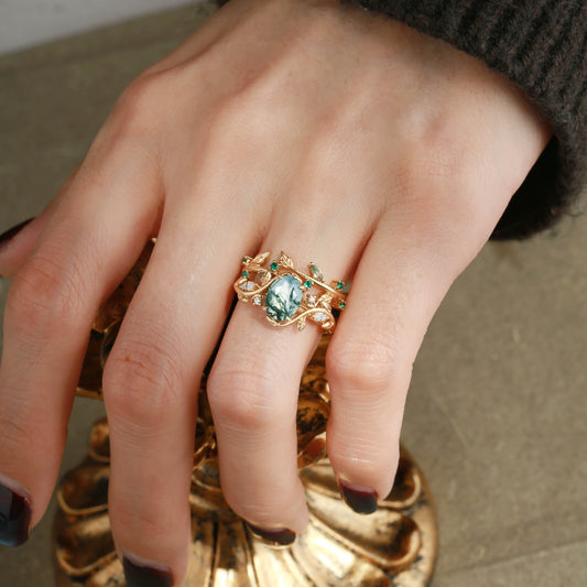 Oval Cut Moss Agate Branch Leafy Engagement Ring Set 2pcs