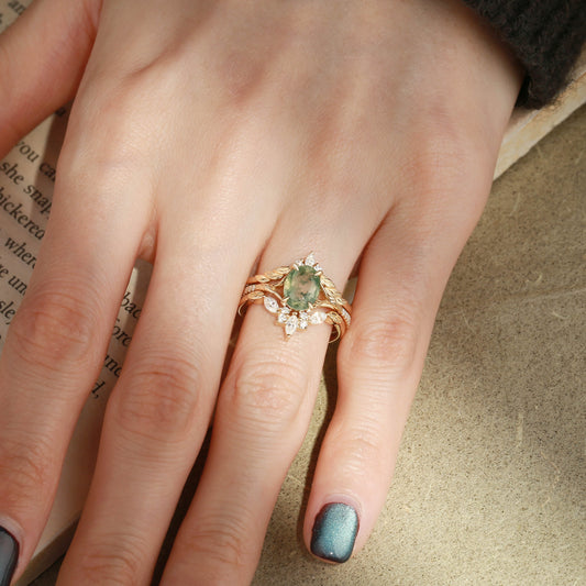 Unique Oval Cut Moss Agate Leafy Cluster Bridal Set