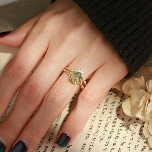Oval Cut Moss Agate Leafy Cluster Bridal Set